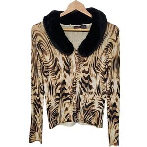 Y2K Tiger Print Cardigan Medium Removable Faux Fur Collar Slinky Knit Mob Wife